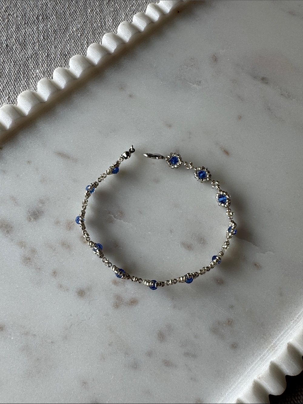 Blue and Silver Hand Beaded Bracelet 7 Inches
